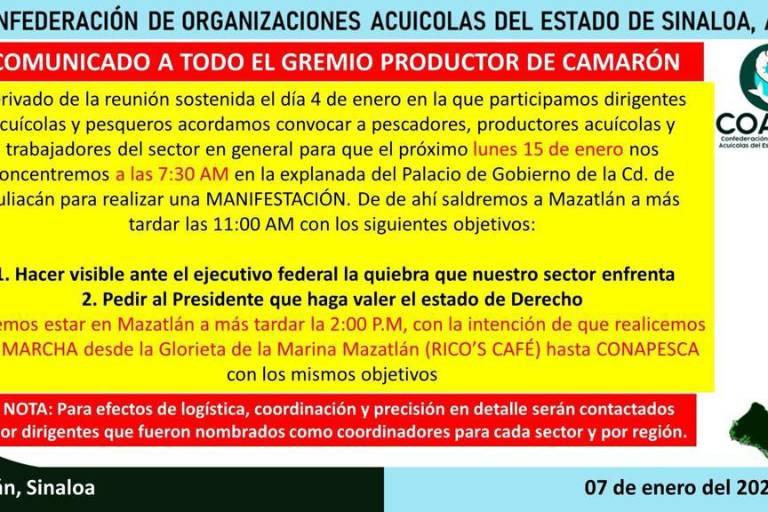 Convocan a manifestación del sector pesquero este lunes en Culiacán y Mazatlán