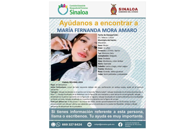 Desde el 27 de marzo no se sabe dónde está María Fernanda Mora, quien desapareció en Mazatlán