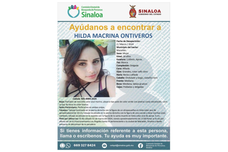 Desaparece mujer de 28 años en Mazatlán