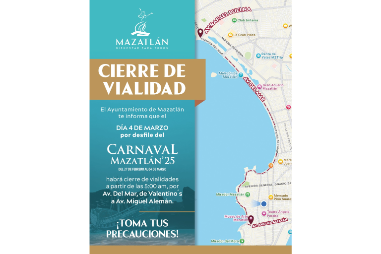 Desde las 5:00 horas del martes, la avenida Del Mar estará cerrada por segundo desfile del Carnaval de Mazatlán