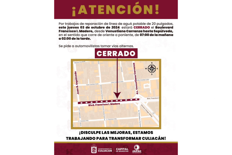 Cerrarán tramo del bulevar Francisco I. Madero por reparación de tubería este jueves, en Culiacán