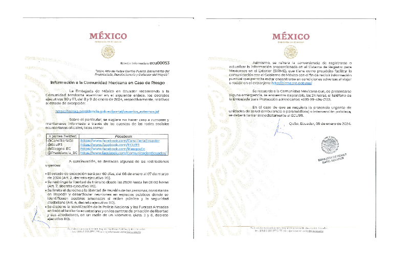 Facilita México número de emergencias en Ecuador