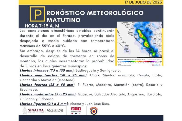 Prevén lluvias fuertes para Mazatlán y el sur de Sinaloa la tarde de este jueves