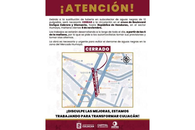 Anuncia Japac cierre de circulación en sector Humaya para este viernes