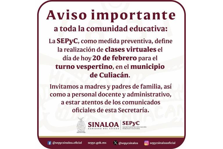 Como medida preventiva, SEPyC impone clases a distancia a estudiantes de Culiacán la tarde de este jueves