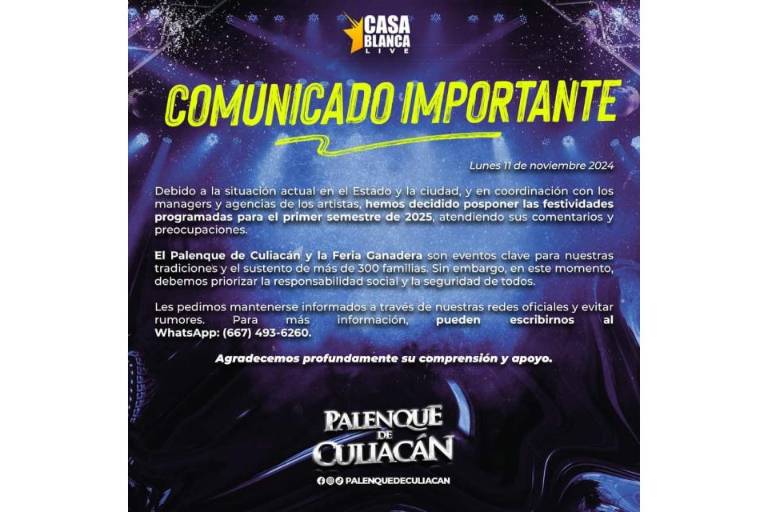También el Palenque de Culiacán se pospone por la violencia