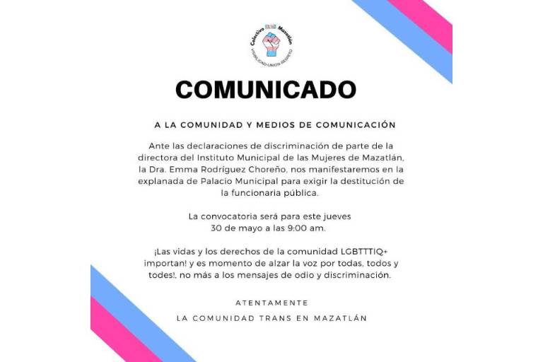 Convoca comunidad trans de Mazatlán a manifestación para exigir destitución de titular de Immujer