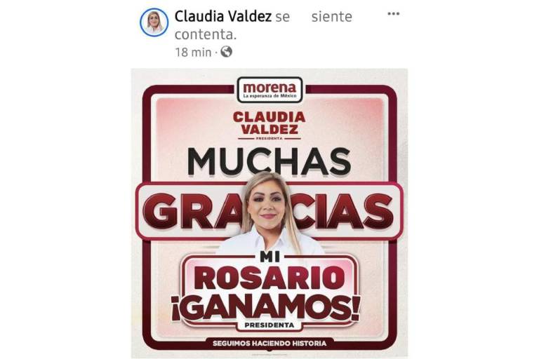 Celebra Claudia Valdez triunfo en Rosario redes sociales