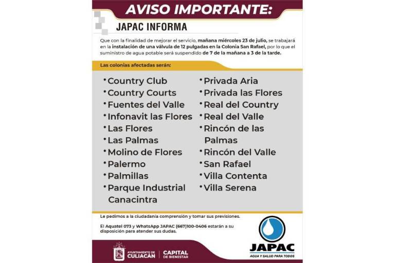 Suspenderán agua en 19 colonias de Culiacán este miércoles