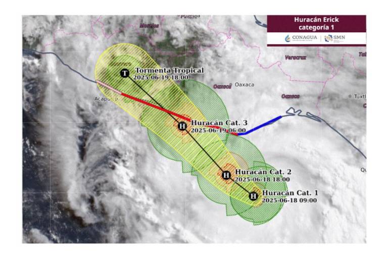 Erick se intensifica a huracán categoría 1 y se dirige a Guerrero y Oaxaca; alertan por lluvias torrenciales y fuertes vientos