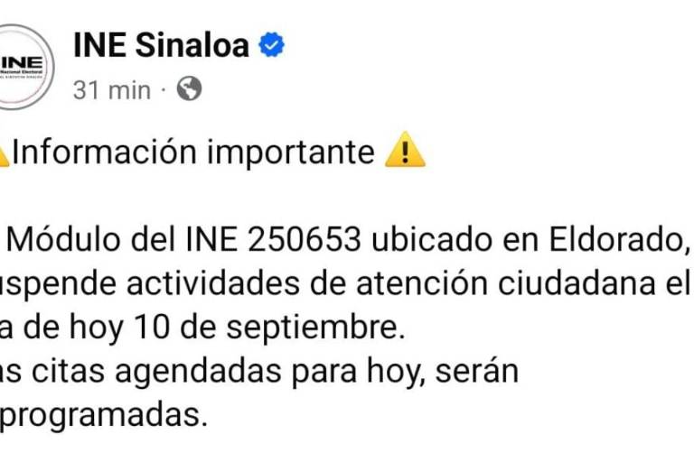 Módulo del INE en Eldorado no operará tampoco este martes