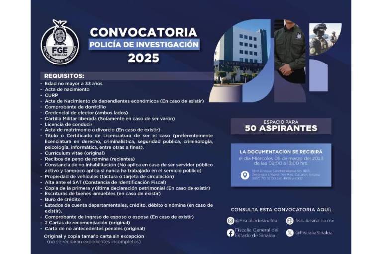 Fiscalía de Sinaloa abre convocatoria para peritos, agentes del MP y policías de investigación