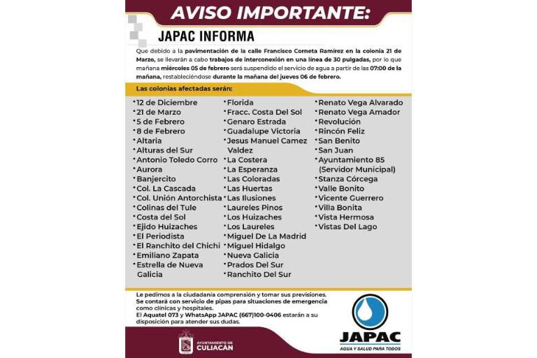 Anuncian suspensión de agua por un día en colonias de Culiacán