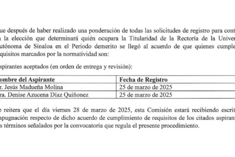 Comisión de la UAS da luz verde a Jesús Madueña y Denise Díaz en contienda por la Rectoría