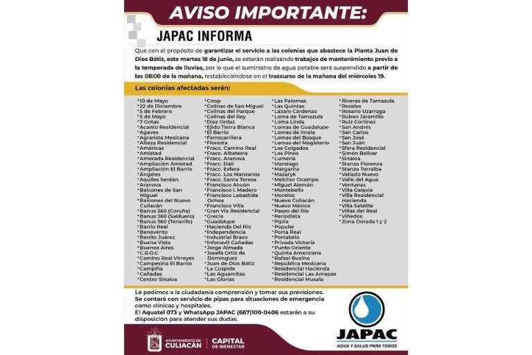 Suspenderá Japac suministro de agua a la zona oriente de Culiacán, el martes 18 de junio