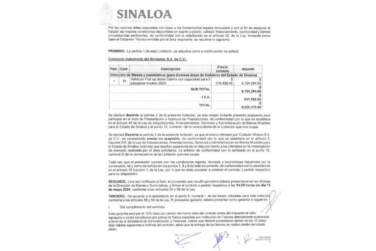 Concreta Gobierno de Sinaloa compra de 10 camionetas por $6 millones de pesos