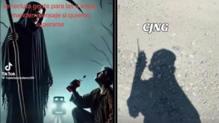 Capturas de pantalla tomadas en TikTok para ilustrar imágenes en donde figuran laSanta Muerte y personas realizando actividades de halconeo para una organización criminal.