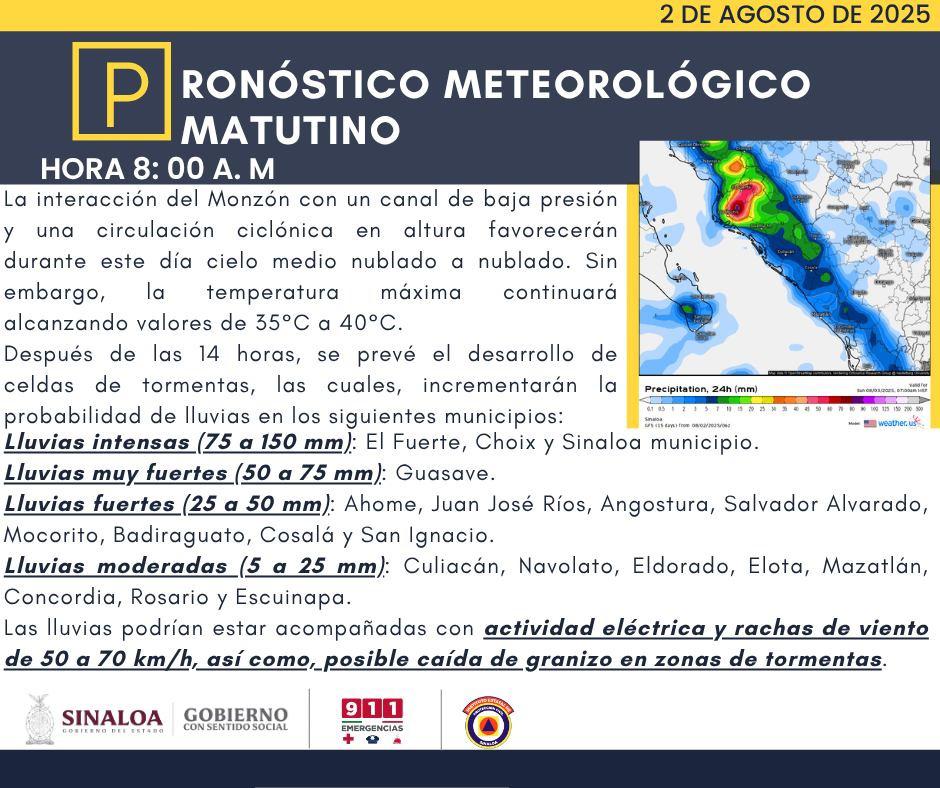 $!Intensas lluvias y altas temperaturas azotarán a Sinaloa este sábado