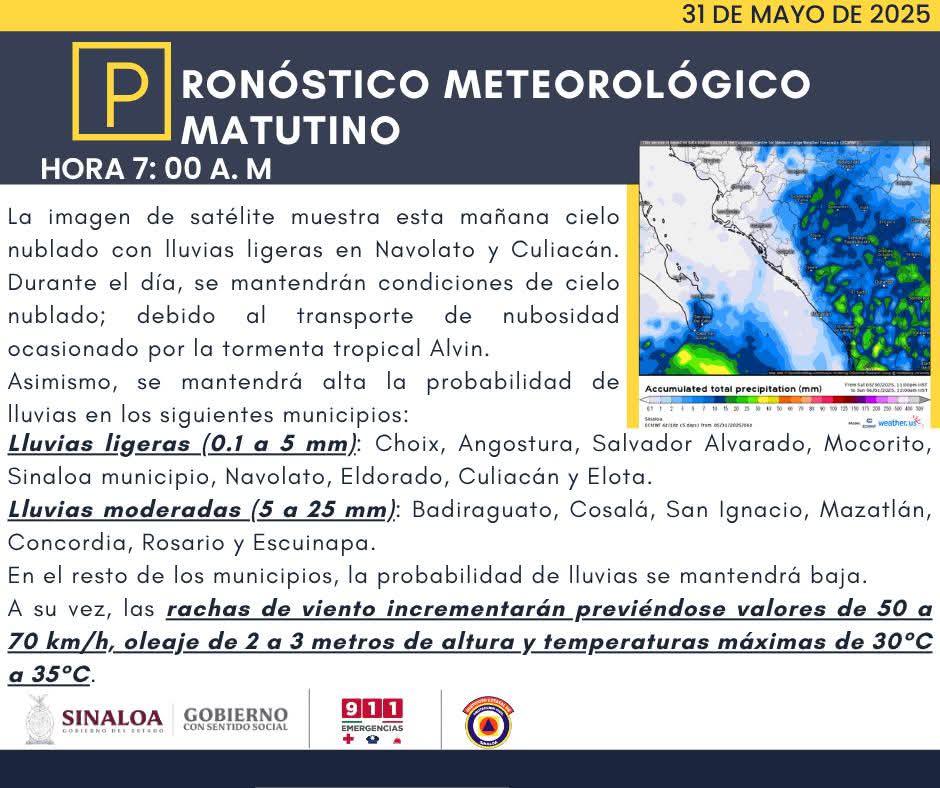 $!Se debilitará ‘Alvin’ a baja presión; mantiene probabilidad de lluvia este sábado en Sinaloa