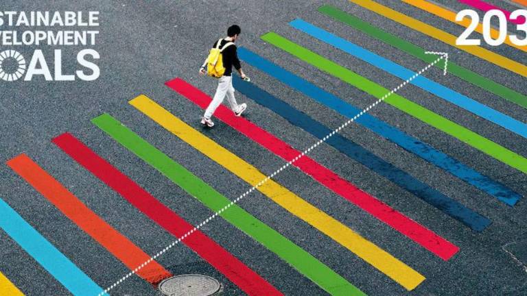 Los colores de los Objetivos de Desarrollo Sostenible en un cruce peatonal.
