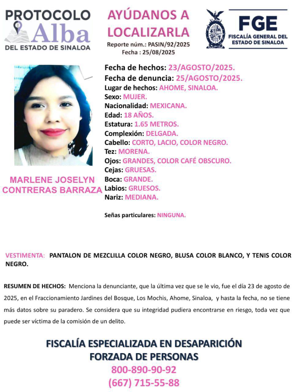 $!Activan Protocolo Alba por desaparición de Marlene Joselyn, en Los Mochis