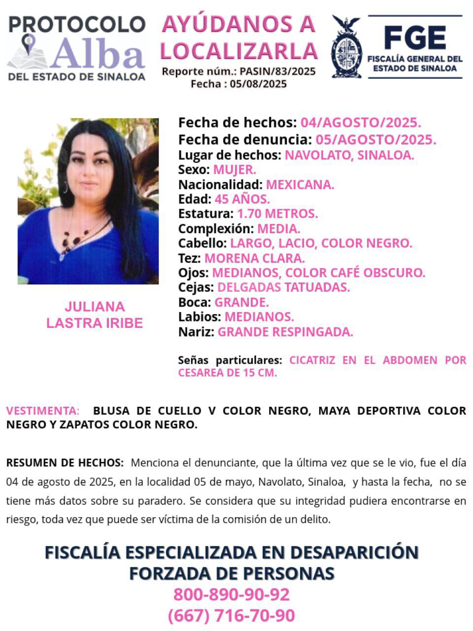 $!Juliana desapareció en Navolato el pasado lunes