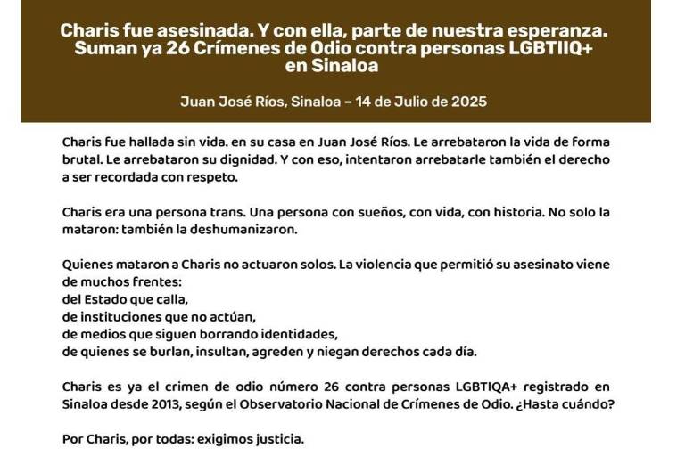 Colectivos exigen justicia por ‘Charis’, mujer trans hallada sin vida en Juan José Ríos